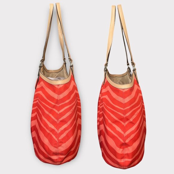 Coach Devin Shoulder Bag F24022 Orange Animal Print Canvas Tan Leather Tote - Picture 4 of 7